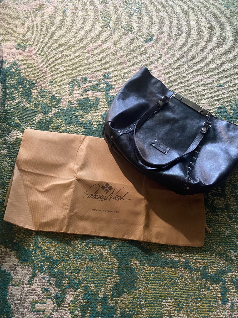 Patricia Nash Black Leather Studded Shoulder Tote